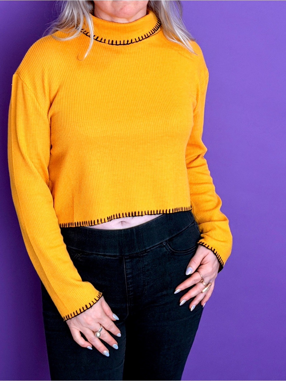 Heart & Hips Ribbed Cropped Mock Neck Long sleeve in Mustard